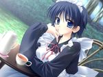  blue_eyes blue_hair chair day dutch_angle grass like_life maid napkin outdoors solo source_request table tea tree 