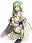  armor cape crossed_arms fingerless_gloves fire_emblem fire_emblem:_souen_no_kiseki gloves green_eyes green_hair highres long_hair low-tied_long_hair mer_ric pegasus_knight sigrun smile thighhighs 