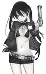  belt bikini_top black_rock_shooter black_rock_shooter_(character) coat glowing glowing_eyes gun handgun jacket midriff nishieda open_clothes open_jacket pale_skin revolver shorts sketch smile solo star weapon 