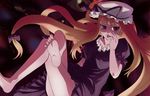  barefoot blonde_hair crossed_legs feet hat long_hair red_eyes ribbon sinzan sitting soles solo touhou yakumo_yukari 