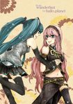  aqua_eyes aqua_hair blue_eyes detached_sleeves hatsune_miku headphones hello_planet_(vocaloid) highres holding_hands kitaha long_hair megurine_luka midriff multiple_girls navel necktie pink_hair ranguage skirt smile songover thighhighs twintails vocaloid wander_last_(vocaloid) zettai_ryouiki 