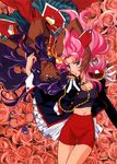  90s aiguillette artist_request chu_chu_(xenogears) dark_skin epaulettes flower glasses hair_censor highres himemiya_anthy long_hair lying multiple_girls official_art pink_flower pink_hair pink_rose purple_hair rose scan shoujo_kakumei_utena tenjou_utena topless 