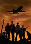  3boys aircraft airplane bald beard beret bill_(left4dead) brown_hair cloud denim dress_shirt dusk facial_hair francis_(left4dead) gloves grey_hair gun hat highres holster jacket jeans karuma9 left_4_dead long_hair louis_(left4dead) multiple_boys necktie pants ponytail realistic ruins shirt short_hair silhouette sky vest weapon zoey_(left4dead) 