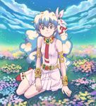  1girl arm_support armlet asawaki bad_id bad_pixiv_id bracelet cloud cloud_hair day field flower hair_flower hair_ornament jewelry long_hair multicolored_hair nia_teppelin pink_skirt sitting skirt sky sleeveless smile solo star_(sky) starry_sky tengen_toppa_gurren_lagann two-tone_hair yokozuwari 