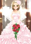  blush bouquet bride brown_eyes brown_hair dress flower hairband k-on! maho_(yakimorokoshi) short_hair solo tainaka_ritsu wedding_dress 