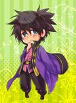  black_hair blue_eyes chibi gradient gradient_background green_background male_focus ponytail raven_(tales) smile solo tales_of_(series) tales_of_vesperia yellow_background yoshida_nishi 