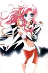  90s absurdres backlighting breast_hold breasts epaulettes hasegawa_shin'ya highres long_hair official_art pink_hair scan shoujo_kakumei_utena solo tenjou_utena topless white_background 