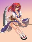  :p breasts cleavage hair_bobbles hair_ornament highres large_breasts mem onozuka_komachi red_eyes red_hair sandals scythe short_hair socks solo tongue tongue_out touhou two_side_up 