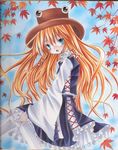  acrylic_paint_(medium) blonde_hair blue_eyes hair_ribbon hat highres leaf long_hair maple_leaf marker_(medium) millipen_(medium) moriya_suwako nyunmaru ribbon shikishi solo thighhighs touhou traditional_media white_legwear 