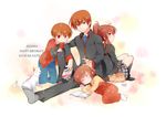  2girls back-to-back brother_and_sister brown_hair cat dual_persona lap_pillow lennon little_busters! long_hair looking_back misaki_juri multiple_boys multiple_girls natsume_kyousuke natsume_rin overalls ponytail red_eyes school_uniform short_hair siblings sitting sleeping sleeping_on_person time_paradox 