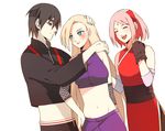  1boy 2girls black_hair blonde_hair blush couple happy haruno_sakura hug midriff multiple_girls naruto naruto:_the_last pink_hair rabi3 sai simle smile yamanaka_ino 