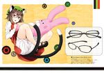  animal_ears bespectacled bloomers brown_hair cat_ears cat_tail chen glasses hat jewelry looking_at_viewer multiple_tails nabeshima_tetsuhiro open_mouth red_eyes short_hair single_earring solo tail touhou underwear 