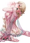  ass back backless_outfit bad_id bad_pixiv_id bangs bare_back barefoot blonde_hair blush breasts butt_crack dimples_of_venus fairy_wings flower frills from_behind hair_flower hair_ornament hands_on_own_face hands_together large_breasts long_hair looking_at_viewer looking_back nail_polish off_shoulder original parted_lips pink_flower pink_rose plantar_flexion red_eyes red_nails rose satou_saori shoulder_blades sideboob sitting sleeveless solo strap_slip toenail_polish wariza wings 