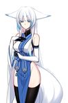  2014 animal_ears artist_name asymmetrical_clothes bare_shoulders black_legwear blue_eyes bridal_gauntlets dated detached_sleeves fox_ears fox_tail gloves hand_on_own_chest japanese_clothes konshin long_hair no_panties original solo tail thighhighs white_hair 