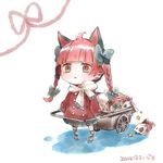  1girl :&lt; animal_ears bad_id bad_pixiv_id braid cat_ears chibi coat dated gradient_eyes kaenbyou_rin leg_ribbon multicolored multicolored_eyes red_hair ribbon scarf skull star touhou twin_braids wheelbarrow 