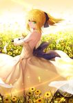  ahoge artoria_pendragon_(all) back bare_shoulders blonde_hair bow choker curry_bowl dress elbow_gloves fate/stay_night fate/unlimited_codes fate_(series) feathers field flower flower_field from_behind gloves gown green_eyes highres holding holding_sword holding_weapon long_hair looking_at_viewer looking_back no_pupils ponytail saber saber_lily sidelocks solo sparkle standing strapless strapless_dress sunlight sword weapon white_dress 