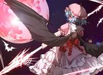  bad_id bad_pixiv_id bat bat_wings blue_hair dress glowing glowing_eyes lens_flare looking_back moon pink_dress red_eyes red_moon remilia_scarlet ribbon short_hair sindre spear_the_gungnir touhou wings 