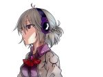  antenna_hair ascot braid breasts brooch commentary_request dress french_braid grey_jacket headphones jacket jewelry jiuliu3 kishin_sagume medium_breasts purple_dress red_eyes red_neckwear short_hair silver_hair simple_background solo touhou upper_body white_background wing_collar 