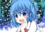  blue_eyes blue_hair blush bow cirno fang hair_bow ice ice_wings masiromu open_mouth solo star touhou wings 