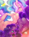  2015 anthro anthrofied butt duo equine female friendship_is_magic hair hair_over_eyes half-closed_eyes hi_res horn long_hair looking_at_viewer mammal multicolored_hair my_little_pony nude princess_celestia_(mlp) princess_luna_(mlp) sibling sisters tesuai unicorn 