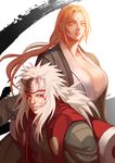  1girl blonde_hair breasts cleavage facial_mark fishnets forehead_mark highres jiraiya large_breasts looking_at_viewer low_twintails naruto noeunjung93 tsunade twintails upper_body white_hair 