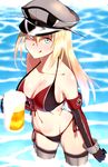  :q absurdres adapted_costume alcohol amano_don bad_id bad_pixiv_id beer bikini bismarck_(kantai_collection) blonde_hair blue_eyes breasts cleavage front-tie_top gloves hat highres kantai_collection large_breasts long_hair military military_uniform peaked_cap shiny shiny_skin smile solo swimsuit thighhighs tongue tongue_out uniform wading water 