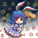  ambiguous_red_liquid animal_ears blue_hair blue_skirt bunny_ears chibi crescent dress empty_eyes heart kine long_hair looking_at_viewer lowres open_mouth ponytail pote_(ptkan) red_eyes seiran_(touhou) sketch skirt smile solo star touhou 
