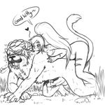  all_fours anthro ass_up balls blush dialogue drooling feline female hair handjob human human_on_anthro interspecies league_of_legends lion male male/female mammal monochrome nidalee nude outside penis precum rengar saliva sex text video_games x1x1 