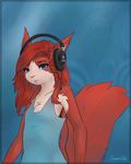  2015 acorn ami anthro big_tail blue_eyes cheek_tuft chest_tuft clothed clothing cute ear_tuft female fur hair happy headphones looking_at_viewer mammal music oonami raised_tail red_hair red_squirrel rodent shirt simple_background sketch smile squirrel tank_top tuft 