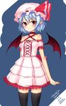  adapted_costume bare_shoulders bat_wings blue_hair hat junior27016 red_eyes remilia_scarlet short_hair sketch smile solo thighhighs touhou wings 