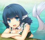  bikini blue_eyes blue_hair breasts cleavage green_bikini head_fins medium_breasts mermaid monster_girl open_mouth smile solo swimsuit touhou uruu_gekka wakasagihime water 