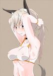  absurdres adjusting_hair animal_ears arms_behind_head blonde_hair blush breasts choker covered_nipples eila_ilmatar_juutilainen fox_ears fox_tail grin highres long_hair medium_breasts nasubi4499 purple_eyes smile solo sports_bra strike_witches tail tying_hair upper_body world_witches_series 