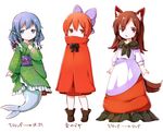  akagashi_hagane animal_ears blue_eyes blue_hair boots bow brown_hair cape covering_mouth dress drill_hair frills full_body grass_root_youkai_network green_dress hair_ornament hair_ribbon head_fins imaizumi_kagerou japanese_clothes kimono long_hair long_sleeves looking_at_viewer mermaid monster_girl multiple_girls obi open_mouth red_eyes red_hair ribbon sash sekibanki short_hair simple_background smile tail text_focus touhou translated wakasagihime white_background wide_sleeves wolf_ears wolf_tail younger 
