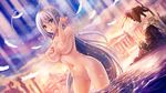  antenna_hair aqua_eyes areolae bathing blush breasts clothes_removed covering covering_breasts dutch_angle feathers high_school_dxd highres kouson33 large_breasts long_hair looking_at_viewer navel nude open_mouth rossweisse silver_hair solo very_long_hair wading water wet 
