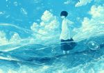  androgynous bangs barefoot blue blue_hair blue_sky bubble cloud commentary day hosiiro looking_at_viewer male_focus monochrome ocean original pants shirt short_sleeves sky solo standing t-shirt wading water waves white_shirt wind 