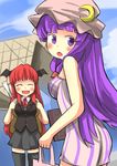  backpack bag black_legwear demon_wings gaoo_(frpjx283) handbag hat head_wings highres koakuma long_hair multiple_girls open_mouth patchouli_knowledge purple_eyes purple_hair red_hair smile thighhighs tokyo_big_sight touhou wings 