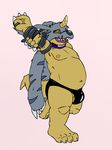  anthro anthrofied arching bulge chubby clothed clothing collar darksilence digimon digital_media_(artwork) eyes_closed flat_colors gabumon half-dressed leather_straps male moobs navel nipples open_mouth pelt raised_arm rubber solo speedo standing stretching swimsuit topless walking 