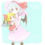  2girls bad_id bad_pixiv_id bare_shoulders barefoot bat_wings blonde_hair blue_hair bow dated fang flandre_scarlet hair_bow hat hat_bow multiple_girls red_bow red_eyes remilia_scarlet short_hair smile touhou twitter_username wings younger 