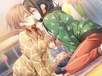  asou_bun balloon blush brown_hair cake chabudai_(table) dutch_angle food game_cg glasses hood hoodie imminent_kiss indoors kimihane loungewear mole mole_under_eye mtu_(orewamuzituda) multiple_girls natsume_hina ogata_rin_(kimihane) pajamas pants ribbon sitting strawberry_shortcake track_pants wariza yuri 