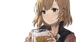  alcohol beer beer_mug benitama blush brown_hair cup green_eyes holding holding_cup miyamori_aoi mug shirobako short_hair solo sweatdrop 