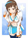  bikini_top blush breasts brown_eyes brown_hair cleavage headset idolmaster idolmaster_cinderella_girls jewelry large_breasts long_hair looking_at_viewer midriff navel necklace nitta_minami pendant potato_(oriha94) smile solo thighhighs visor_cap 