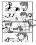  4koma akagi_(kantai_collection) anger_vein animalization bird comic commentary_request crane_(animal) egg flying_sweatdrops food greyscale hakama_skirt headband highres japanese_clothes kaga_(kantai_collection) kantai_collection kicking long_hair monochrome multiple_girls muneate nest sanpachishiki_(gyokusai-jima) short_sidetail shoukaku_(kantai_collection) sparkle spitting spitting_blood tears twintails zuikaku_(kantai_collection) 