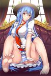  blue_hair breasts hat hinanawi_tenshi large_breasts long_hair neropaso panties panty_pull red_eyes sitting solo striped striped_panties touhou underwear 