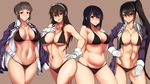  ashigara_(kantai_collection) belly bikini black_hair breasts brown_background brown_eyes brown_hair curvy eyebrows gloves haguro_(kantai_collection) hand_on_hip highres jacket kantai_collection large_breasts long_hair meicha multiple_girls myoukou_(kantai_collection) nachi_(kantai_collection) navel plump short_hair side_ponytail simple_background swimsuit thighs very_long_hair white_gloves wide_hips 
