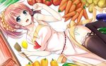  apron bare_shoulders blue_eyes breasts carrot food fruit hair_ornament heart highres large_breasts looking_at_viewer lying open_mouth original pink_hair solo sorano_(12gou) thighhighs 