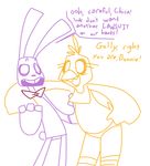  ambiguous_gender animatronic avian bird bonnie_(fnaf) bow_tie chica_(fnaf) chicken dialogue english_text eye_patch eyewear female five_nights_at_freddy&#039;s lagomorph machine mammal mechanical rabbit robot text the_weaver video_games 