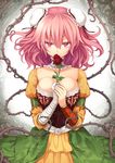  adapted_costume alternate_costume bandaged_arm bandages bodice breasts bun_cover bursting_breasts cleavage collarbone covering_mouth double_bun dress flower ibaraki_kasen juliet_sleeves large_breasts long_sleeves looking_at_viewer pink_eyes pink_hair plant puffy_sleeves red_flower red_rose rose short_hair solo thorns touhou uruu_gekka vines 