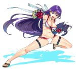  abs absurdres bangs bare_shoulders bikini blue_eyes blunt_bangs breasts choker cleavage collarbone commentary_request cross elbow_gloves fate/grand_order fate_(series) fighting_stance gauntlets gloves hair_ribbon highres large_breasts latin_cross legs long_hair looking_at_viewer navel open_mouth pose purple_hair red_gloves ribbon saint_martha saint_martha_(swimsuit_ruler)_(fate) sandals shadow simple_background solo swimsuit tatsu_shinomu thigh_strap thighs toned very_long_hair white_background white_bikini white_ribbon 