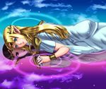  blonde_hair blue_eyes bracelet different_reflection dress earrings forehead_jewel highres holding_hands interlocked_fingers jewelry long_hair looking_at_viewer lying multiple_girls on_stomach pointy_ears princess_hilda princess_zelda purple_hair red_eyes reflection ripples shiroa_uran shoulder_pads the_legend_of_zelda the_legend_of_zelda:_a_link_between_worlds tiara triforce 