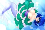  blue_eyes blue_hair breasts breasts_outside bubble collarbone head_fins japanese_clothes kimono large_breasts mermaid monster_girl nipples sash solo tamano_nae touhou underwater wakasagihime 